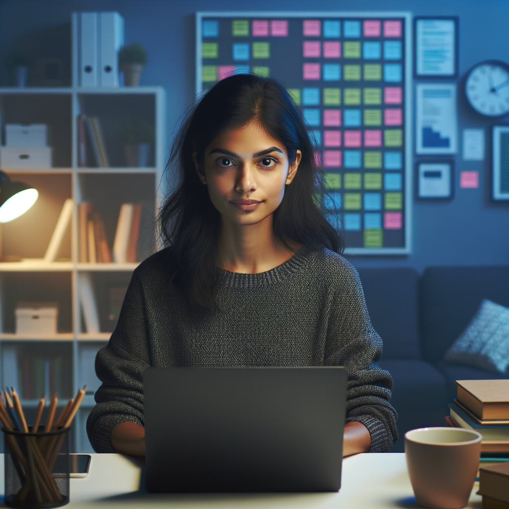 Generate an image of a female coder who is happy and focused